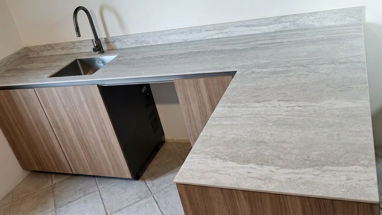 Plan de travail en céramique Ascale Tivoli White effet Travertin naturel avec évier sous-plan